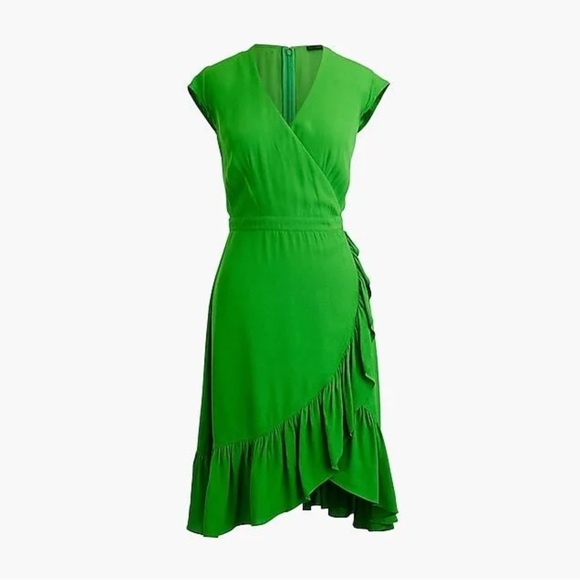 J.CREW Crepe Flounce Dress Green Wrap Front Ruffle Asymmetric Hem - Picture 3 of 9